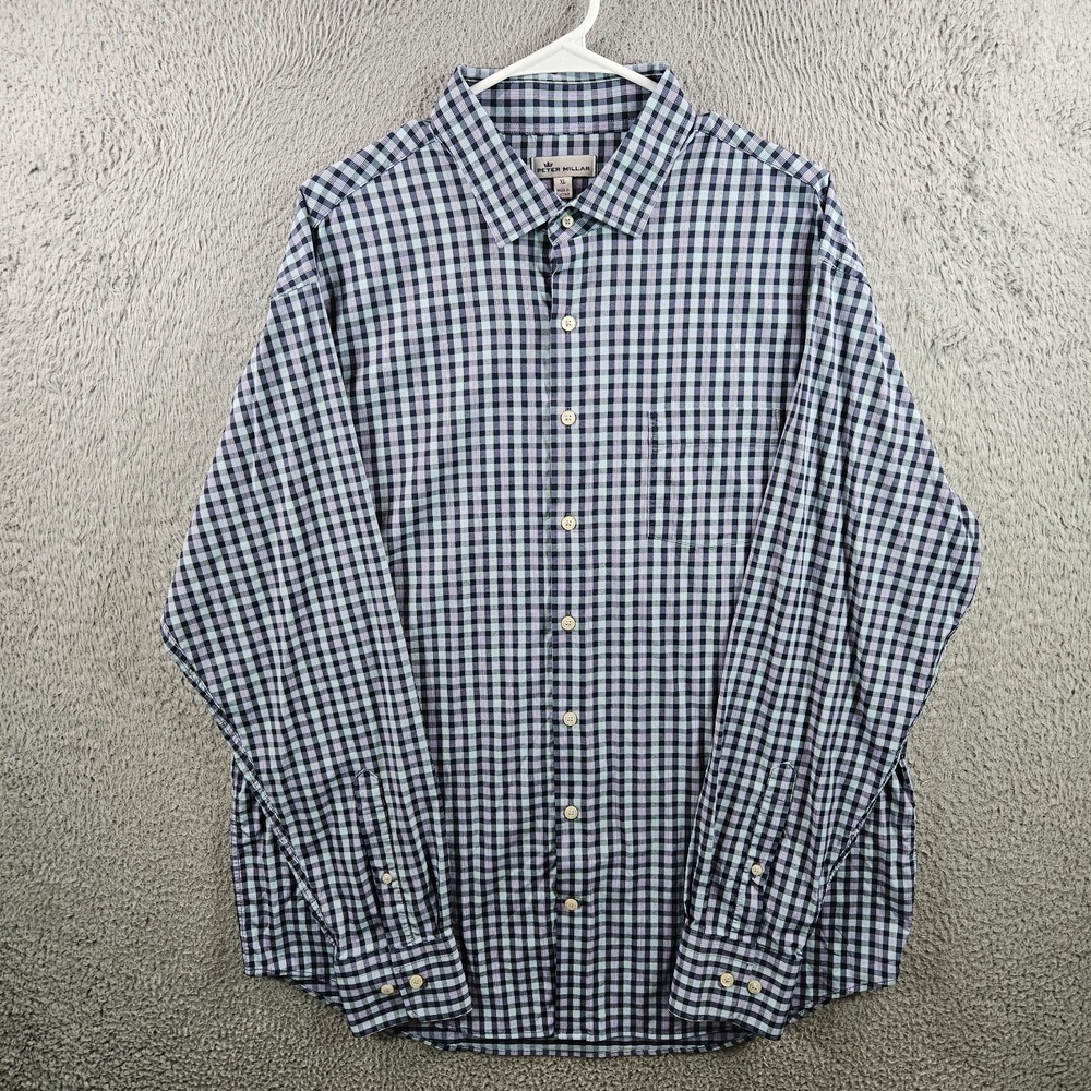 Peter Millar Dress Shirt Men XL Button Up Long‎ Sleeve Blue Purple White Plaid